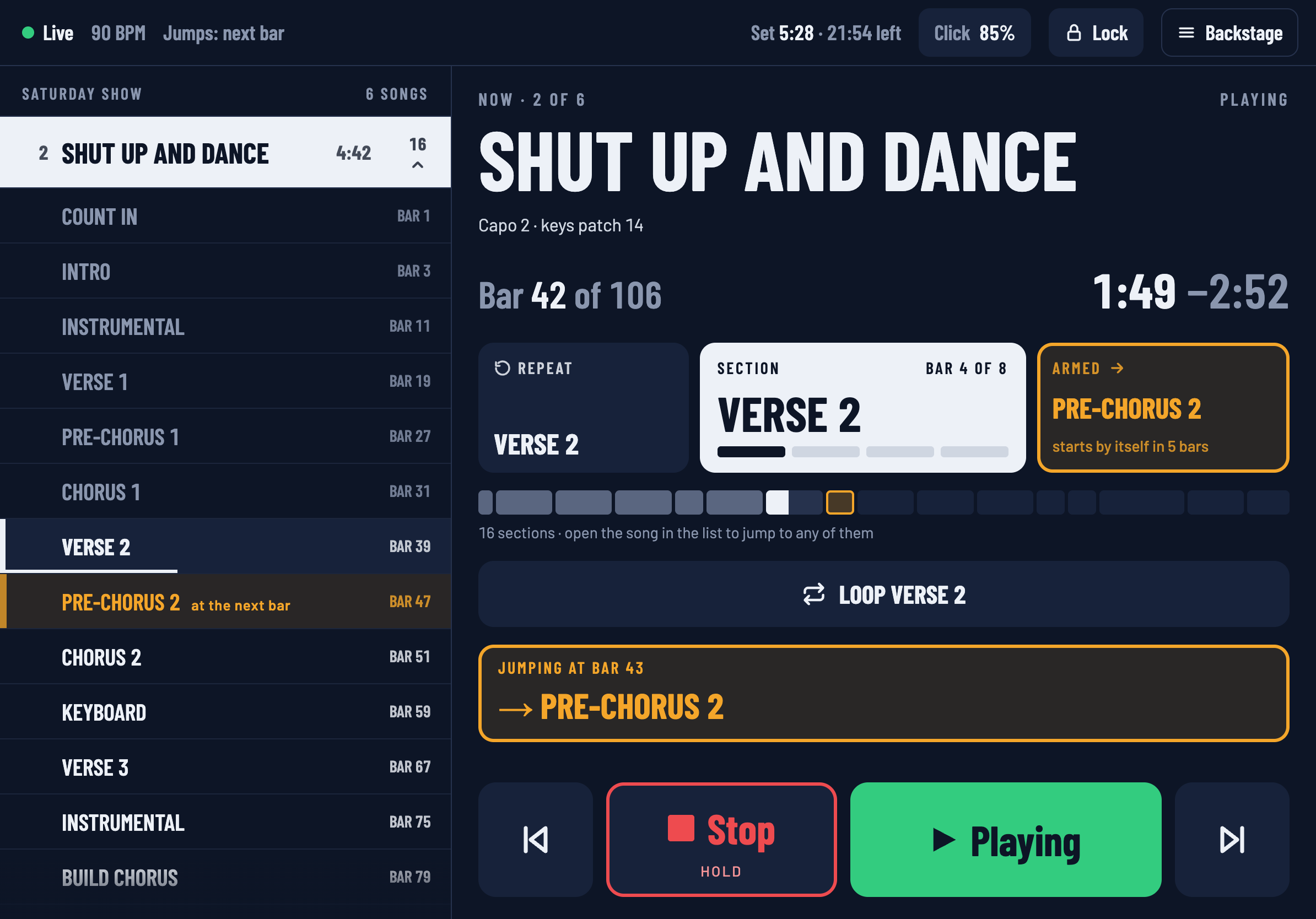 Downstage on an iPad: the setlist on the left with a song's sections open, and on the right the song playing, with a jump to the next section armed in amber for the next bar.